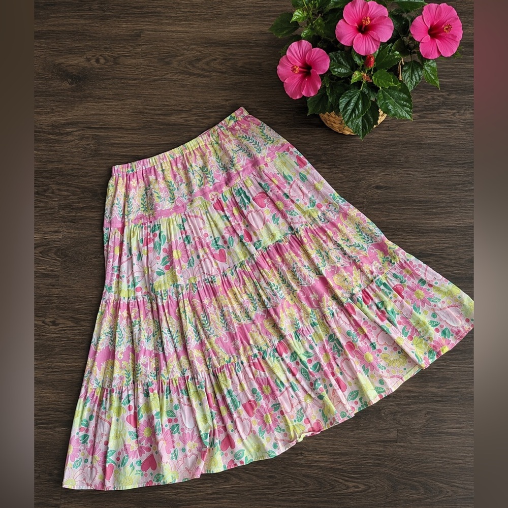 Vintage Lilly Pulitzer Millionaire’s Row Tiered MidiSkirt Pink Tropical Cotton S